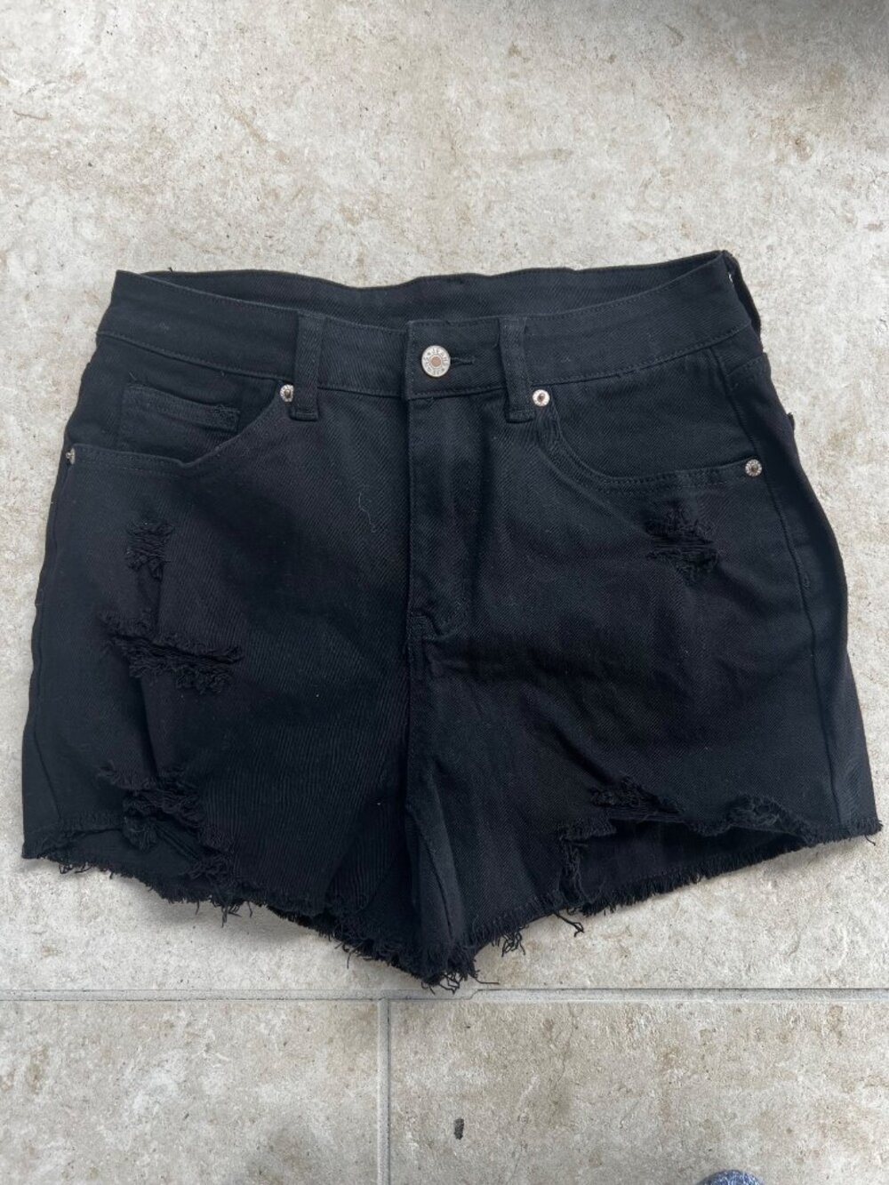 NWOT Boutique Womens Black Denim Shorts Distressed Stretchy Medium